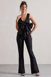 Adoration Black Satin Plunge-Neck Top With Bow