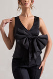 Adoration Black Satin Plunge-Neck Top With Bow