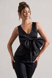 Adoration Black Satin Plunge-Neck Top With Bow