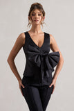 Adoration Black Satin Plunge-Neck Top With Bow