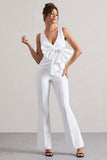 Adoration Cream Satin Plunge-Neck Top With Bow