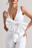 Adoration Cream Satin Plunge-Neck Top With Bow
