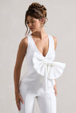 Adoration Cream Satin Plunge-Neck Top With Bow