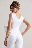 Adoration Cream Satin Plunge-Neck Top With Bow