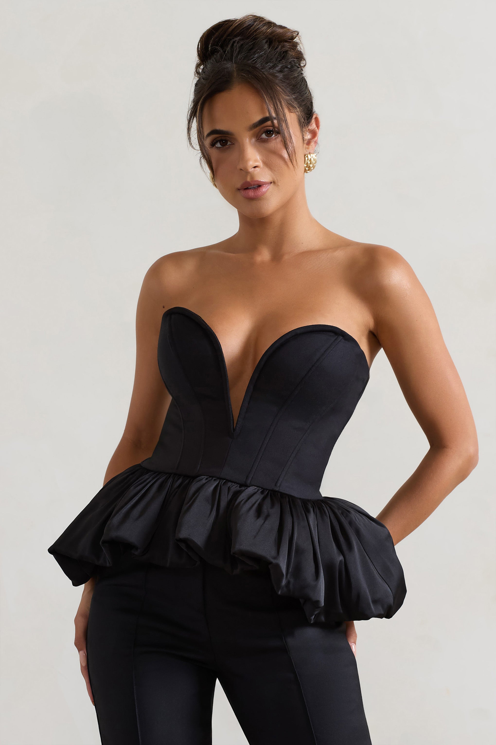 Huntley Black Sweetheart Corset Top With Satin Puff Hem