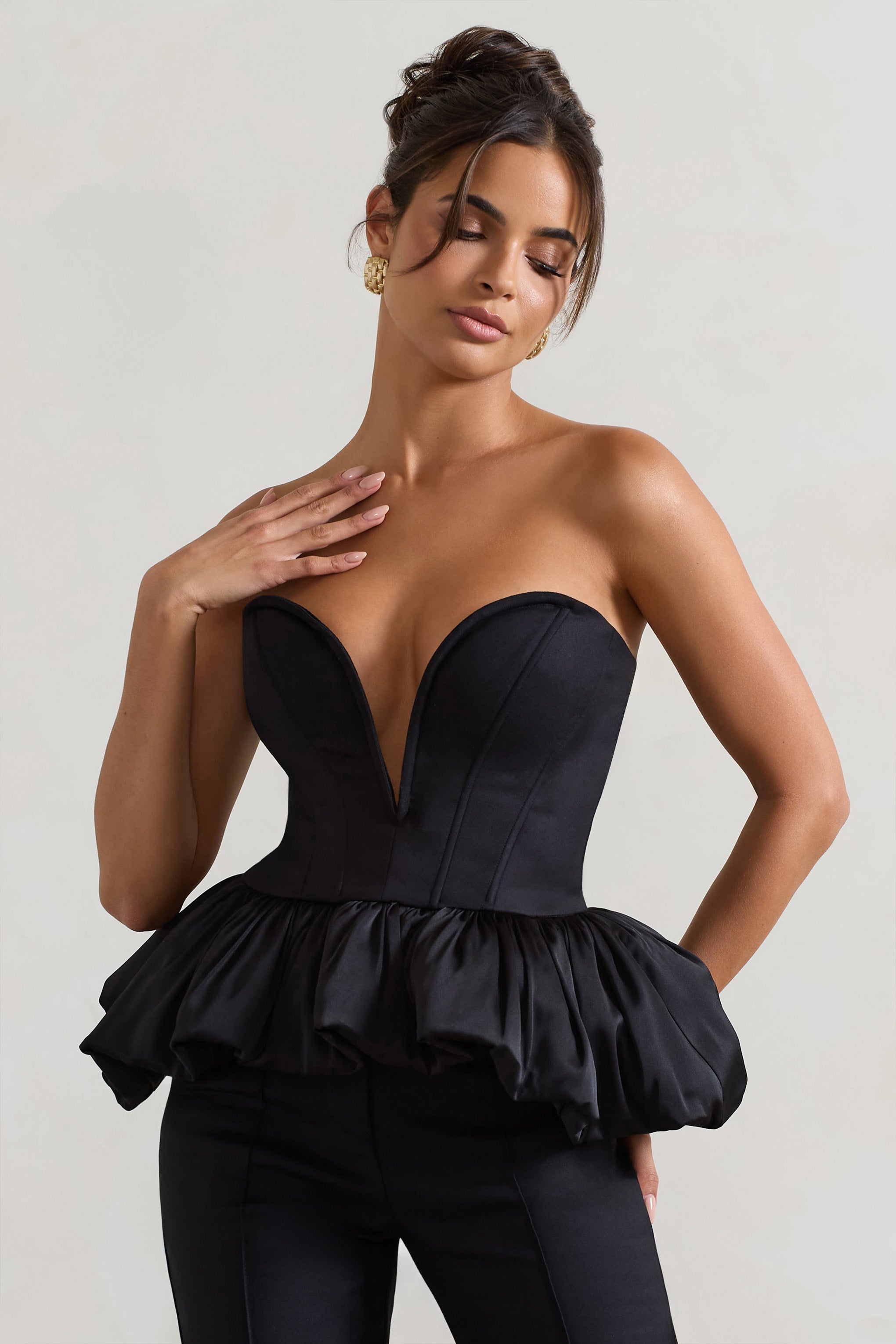 Huntley Black Sweetheart Corset Top With Satin Puff Hem