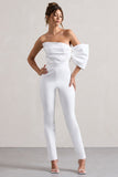 Adabella White Satin Strapless One-Sleeve Straight-Leg Jumpsuit