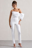 Adabella White Satin Strapless One-Sleeve Straight-Leg Jumpsuit