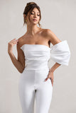 Adabella White Satin Strapless One-Sleeve Straight-Leg Jumpsuit