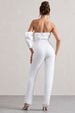 Adabella White Satin Strapless One-Sleeve Straight-Leg Jumpsuit