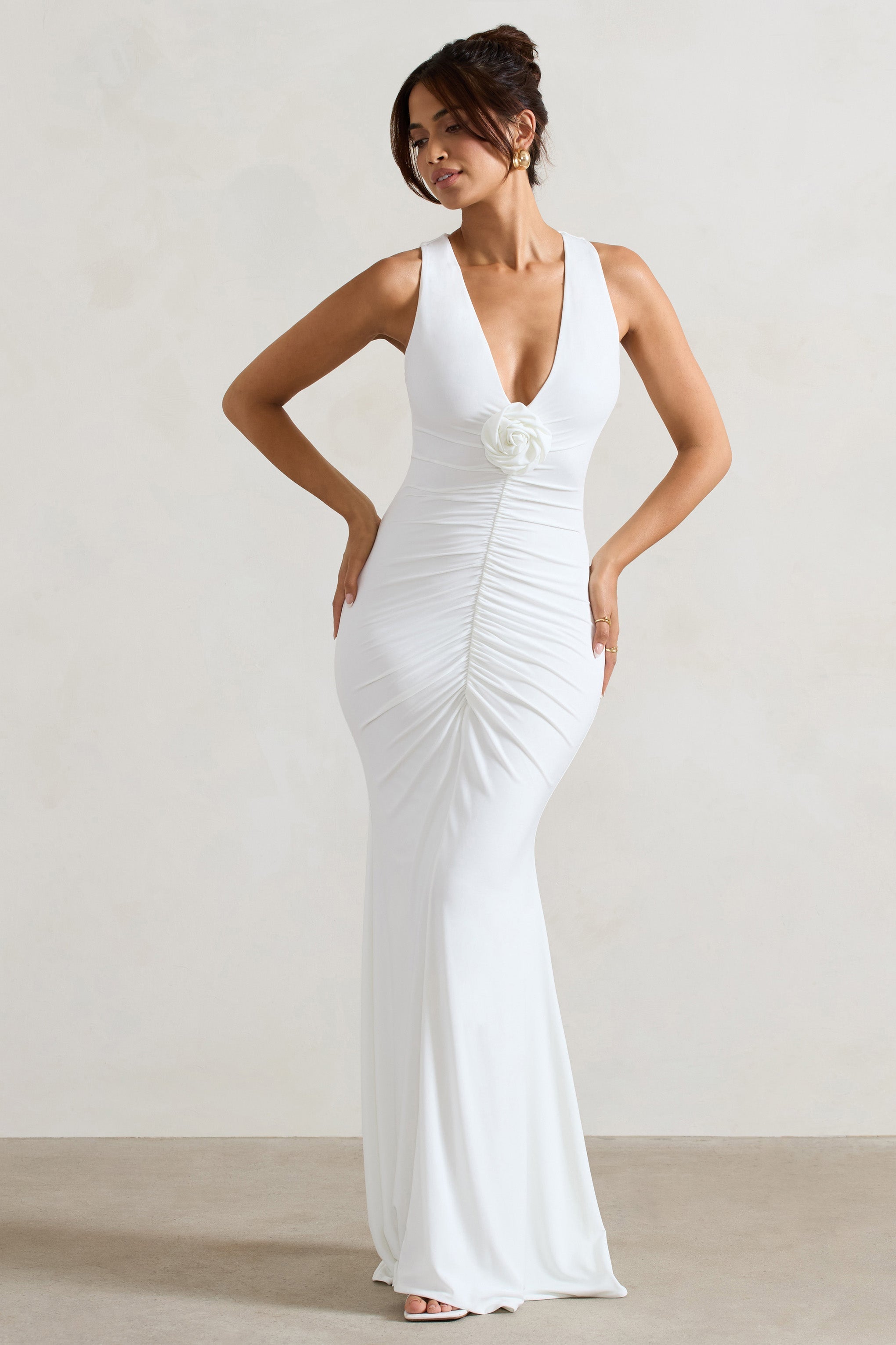 Julianna White Plunge-Neck Ruched Maxi Dress With Corsage