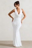 Julianna White Plunge-Neck Ruched Maxi Dress With Corsage