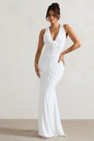 Julianna White Plunge-Neck Ruched Maxi Dress With Corsage
