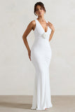 Julianna White Plunge-Neck Ruched Maxi Dress With Corsage