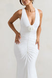 Julianna White Plunge-Neck Ruched Maxi Dress With Corsage