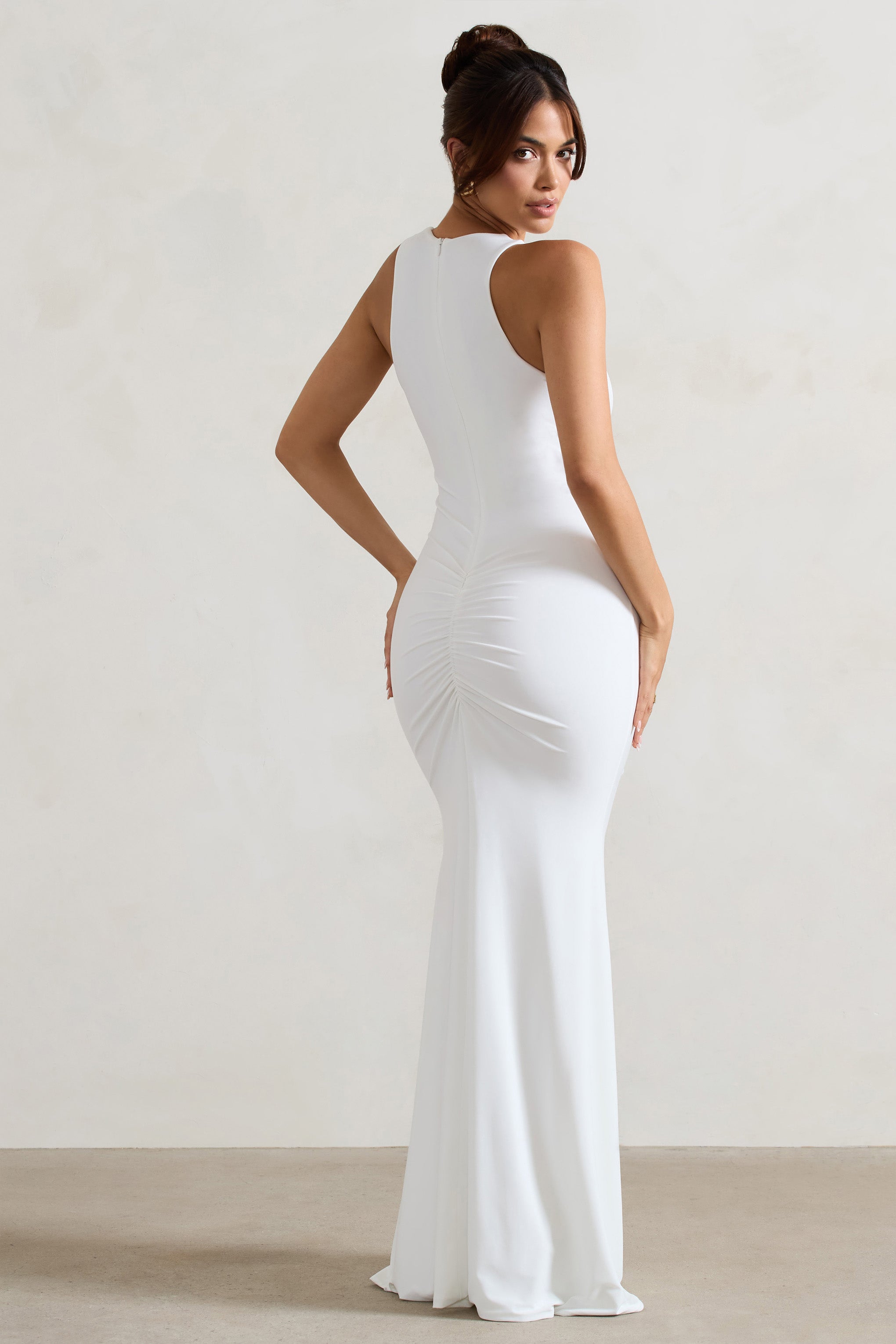 Julianna White Plunge-Neck Ruched Maxi Dress With Corsage