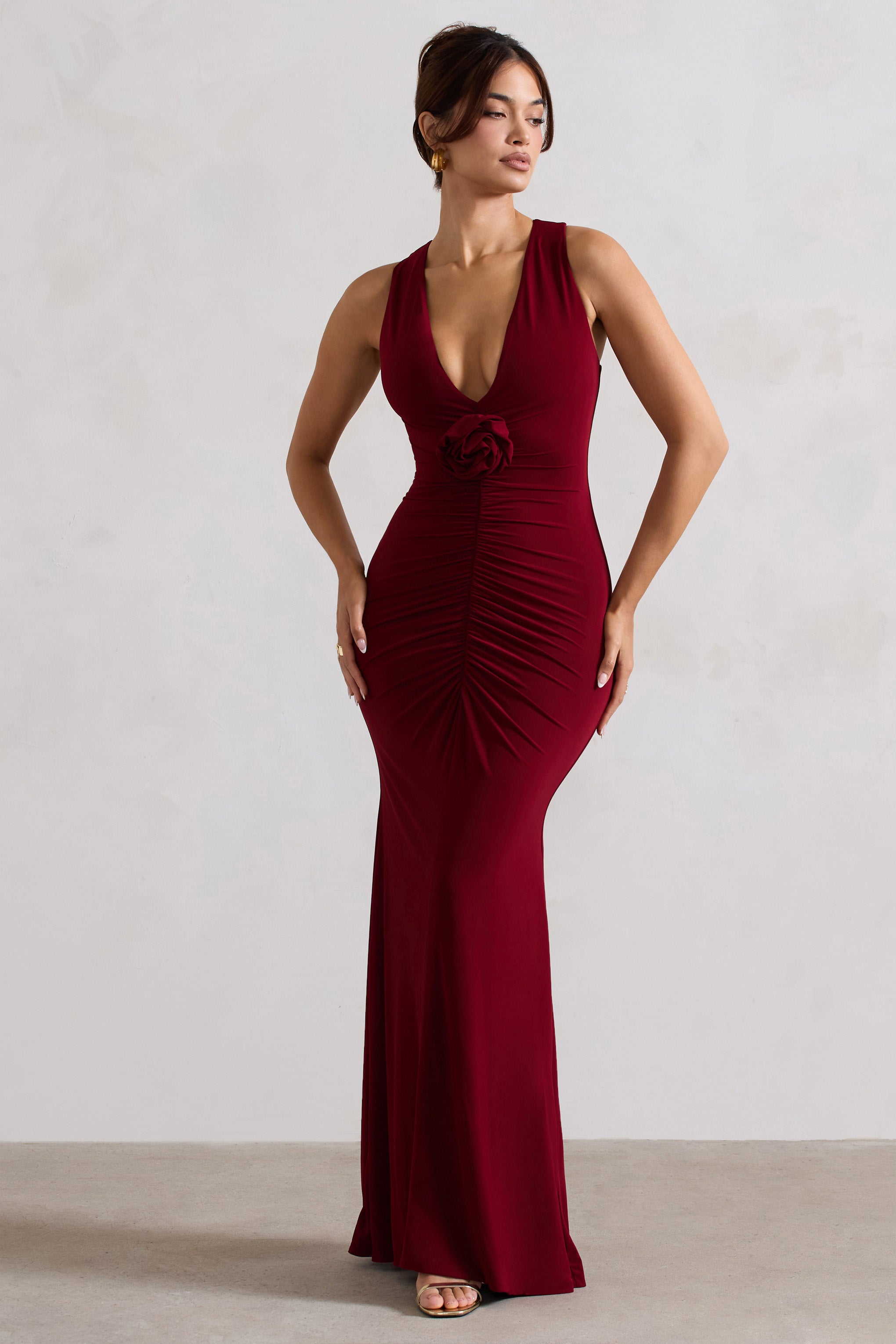 Julianna Wine Plunge-Neck Ruched Maxi Dress With Corsage