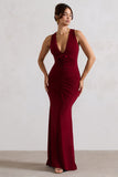 Julianna Wine Plunge-Neck Ruched Maxi Dress With Corsage