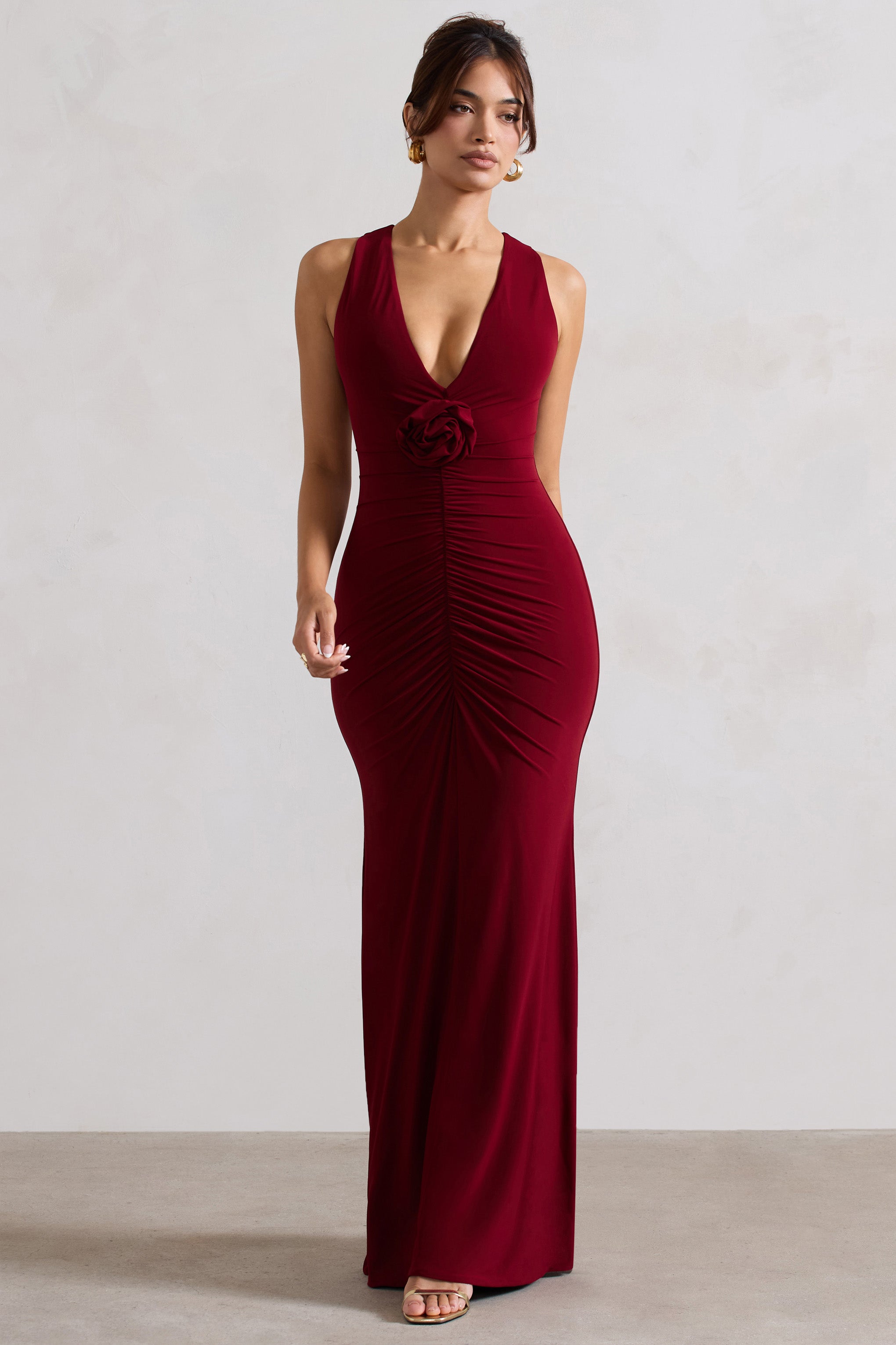 Julianna Wine Plunge-Neck Ruched Maxi Dress With Corsage