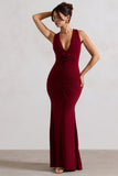 Julianna Wine Plunge-Neck Ruched Maxi Dress With Corsage