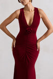 Julianna Wine Plunge-Neck Ruched Maxi Dress With Corsage