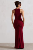 Julianna Wine Plunge-Neck Ruched Maxi Dress With Corsage