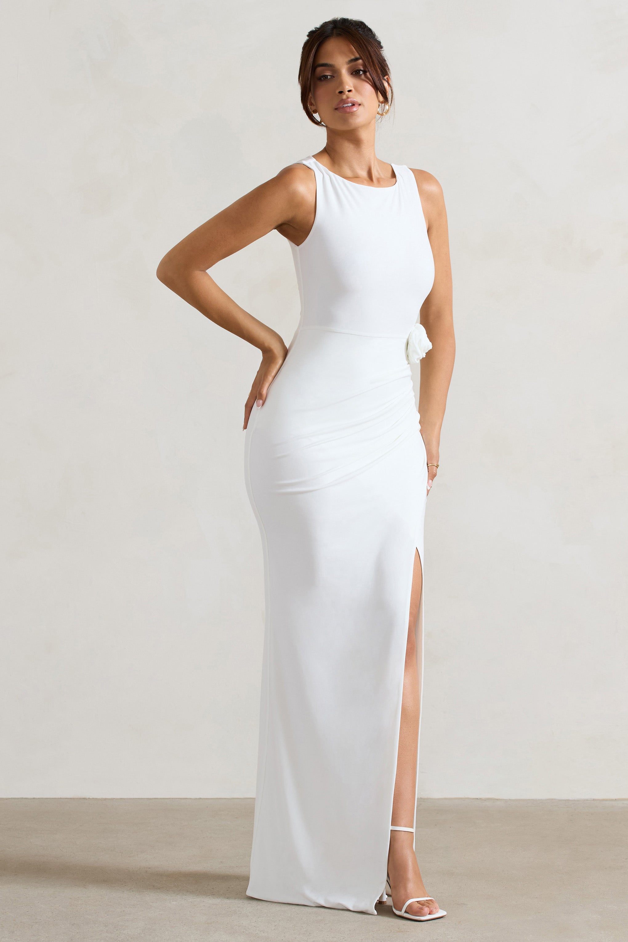Lainey White Wrap Maxi Dress With Floral Corsage