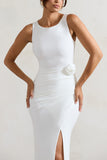 Lainey White Wrap Maxi Dress With Floral Corsage