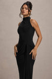 Khari Black High-Neck Twisted Maxi Dress With Drape