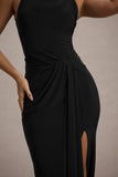 Khari Black High-Neck Twisted Maxi Dress With Drape