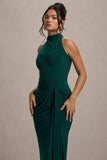 Khari Bottle Green High-Neck Twisted Maxi Dress With Drape