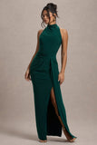 Khari Bottle Green High-Neck Twisted Maxi Dress With Drape