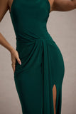 Khari Bottle Green High-Neck Twisted Maxi Dress With Drape