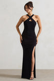 Jianna Black Cross Over Halter-Neck Split Maxi Dress