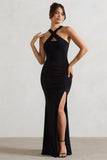 Jianna Black Cross Over Halter-Neck Split Maxi Dress