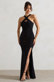 Jianna Black Cross Over Halter-Neck Split Maxi Dress