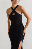 Jianna Black Cross Over Halter-Neck Split Maxi Dress