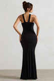 Jianna Black Cross Over Halter-Neck Split Maxi Dress