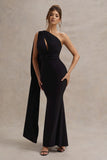 Elaina Black Asymmetric Knot Maxi Dress With Sash