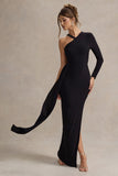 Zhuri Black Asymmetric One-Sleeve Draped Maxi Dress