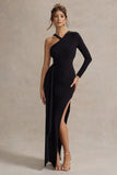 Zhuri Black Asymmetric One-Sleeve Draped Maxi Dress