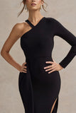 Zhuri Black Asymmetric One-Sleeve Draped Maxi Dress