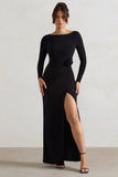 Makayla Black Long-Sleeve Wrap Maxi Dress With Corsages