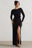 Makayla Black Long-Sleeve Wrap Maxi Dress With Corsages