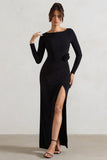 Makayla Black Long-Sleeve Wrap Maxi Dress With Corsages