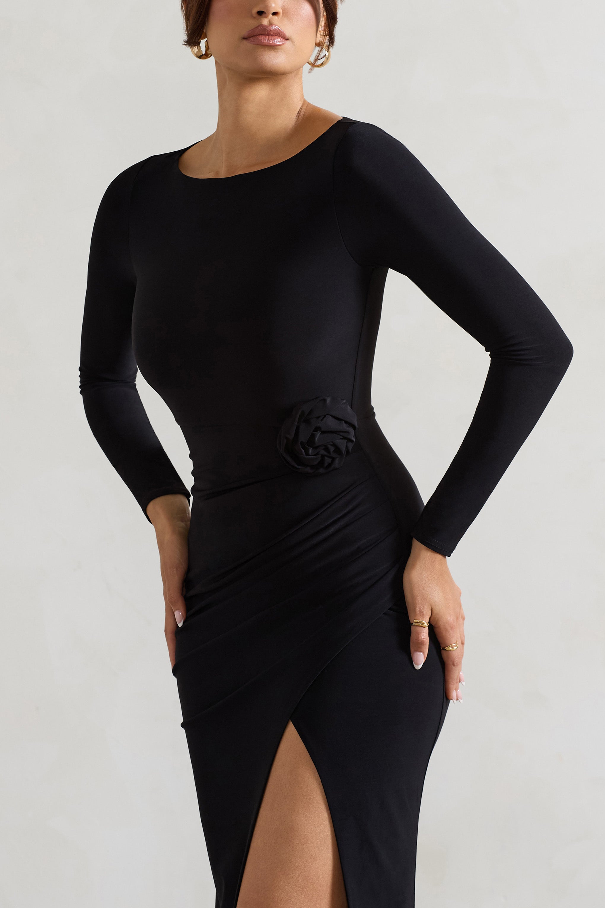Makayla Black Long-Sleeve Wrap Maxi Dress With Corsages