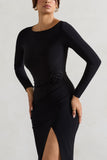 Makayla Black Long-Sleeve Wrap Maxi Dress With Corsages