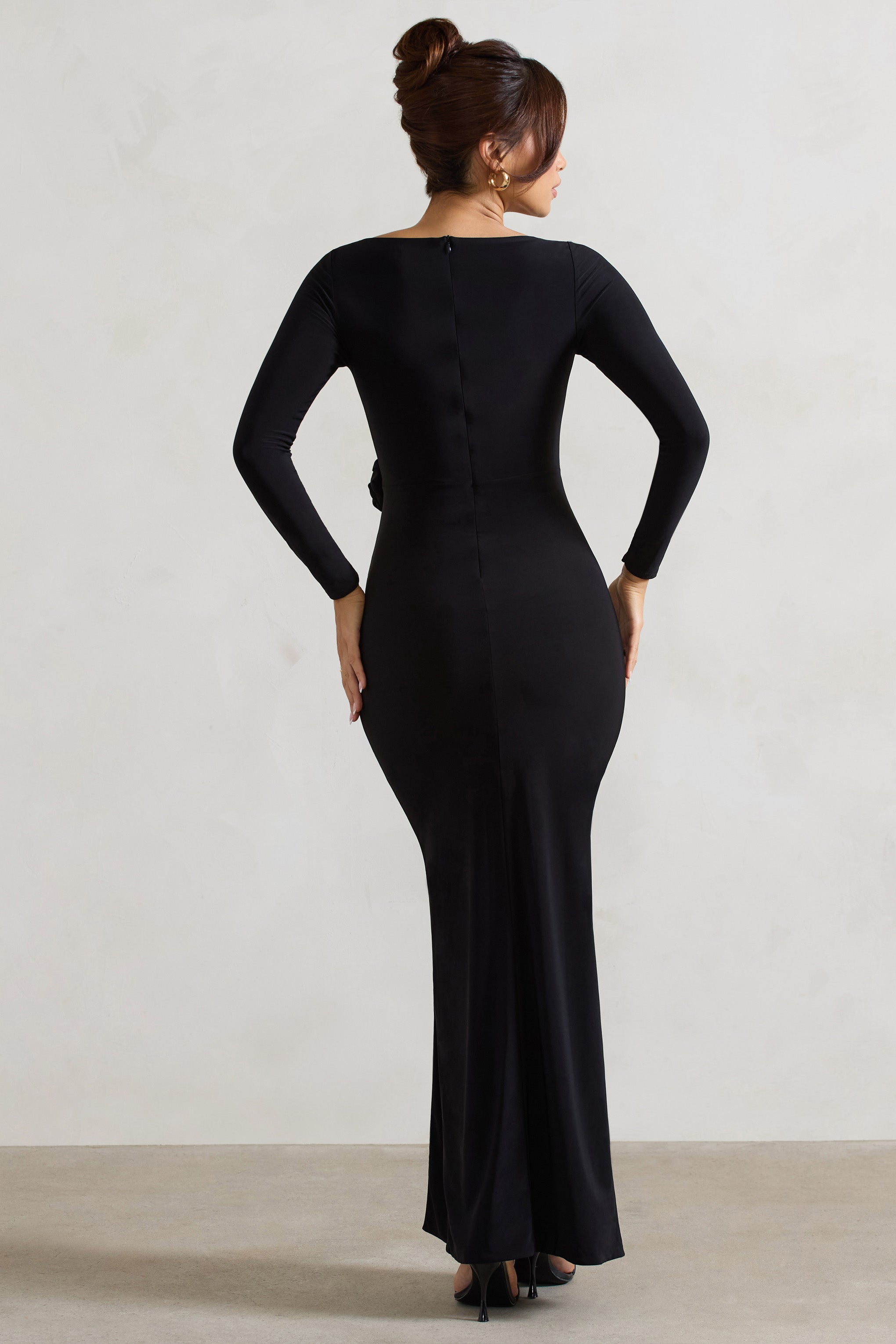 Makayla Black Long-Sleeve Wrap Maxi Dress With Corsages