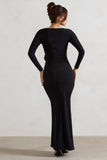 Makayla Black Long-Sleeve Wrap Maxi Dress With Corsages