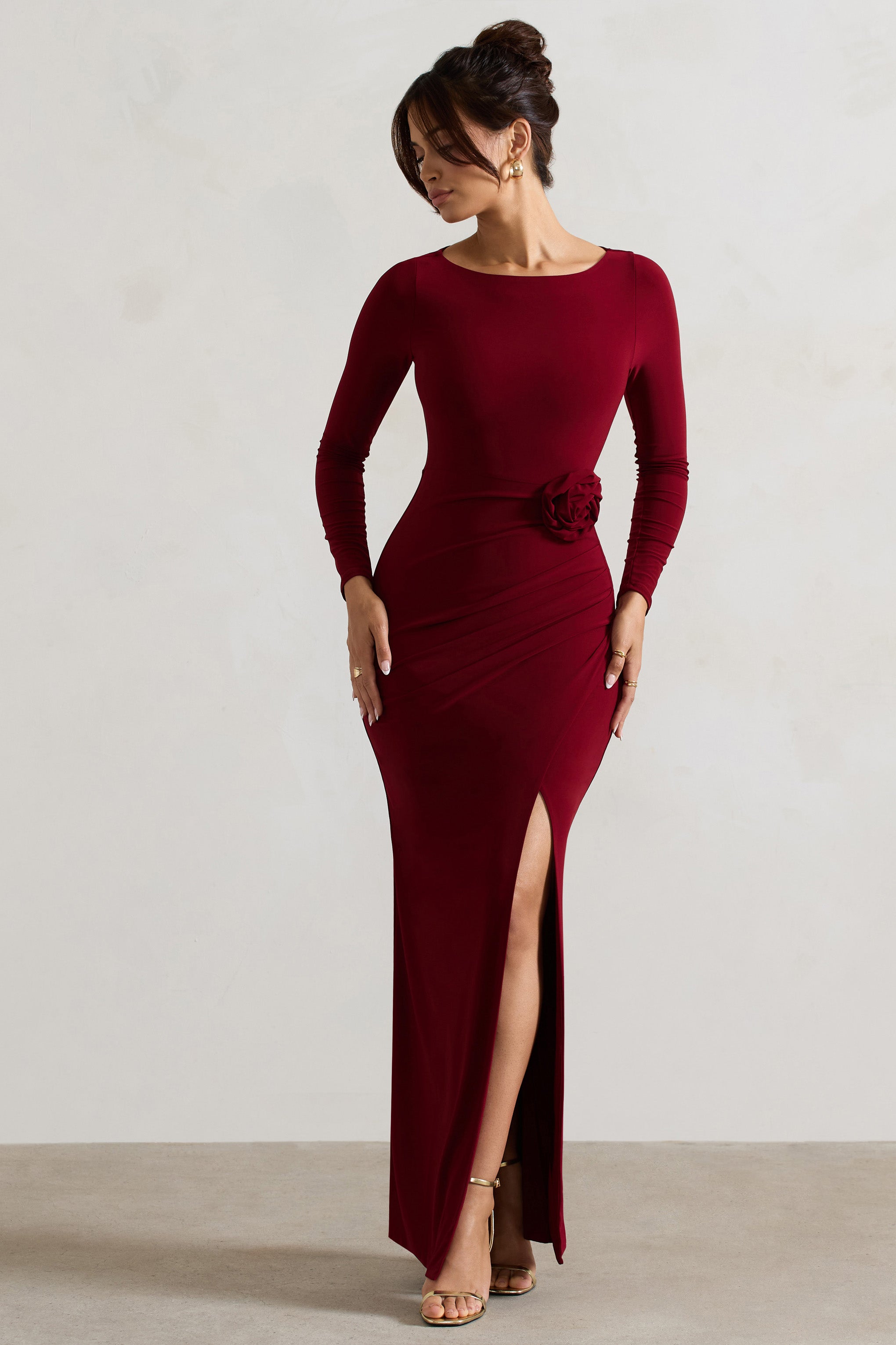 Makayla Berry Long-Sleeve Wrap Maxi Dress With Corsages